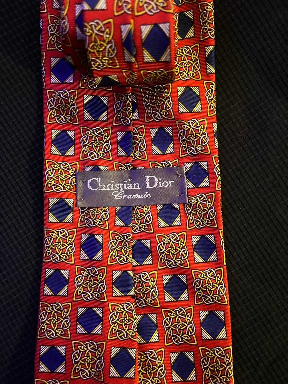 VTG Christian Dior Cravate Silk Tie Red Blue Gold Geometric Celtic Knot Designer
